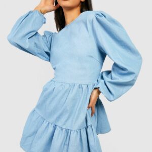 Womens Volume Sleeve Backless Chambray Skater Dress - Blue - 12, Blue