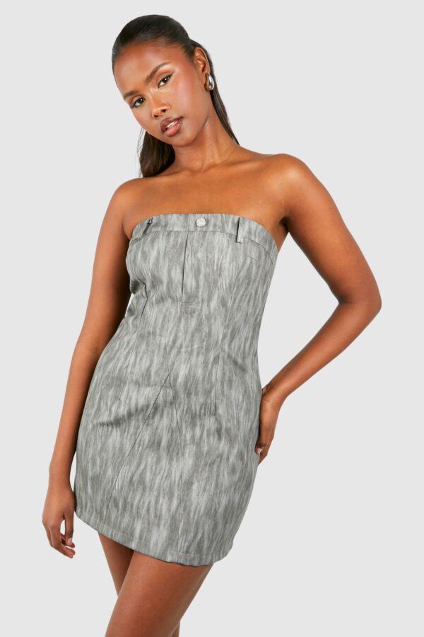 Womens Washed Leather Look Bandeau Mini Dress - Grey - 8, Grey