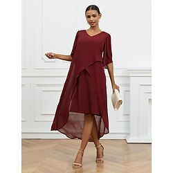 Women's Wedding Guest Cocktail Dress Midi Dress Chiffon Ruffle Asymmetrical Party Elegant Formal V Neck Half Sleeve Ruffle Sleeve Wine Color