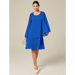 Women's Wedding Guest Cocktail Dress Mini Dress Chiffon Tiered Party Elegant Formal Crew Neck Long Sleeve Royal Blue Color