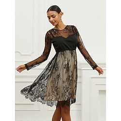 Women's Wedding Guest Cocktail Dress Mini Dress Lace Mesh Party Elegant Formal Crew Neck Long Sleeve Black Color