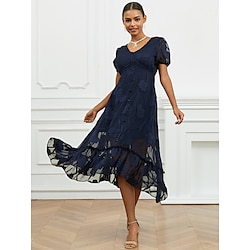 Women's Wedding Guest Cocktail Dress Ruffle Button Lace Dress Midi Dress Puff Sleeve Elegant Plain V Neck Short Sleeve Party Summer Navy