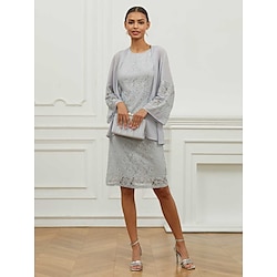 Women's Wedding Guest Cocktail Dress Set Chiffon Lace Crew Neck Bell Sleeve Long Sleeve Mini Dress Party Elegant Vintage Gray Summer Spring