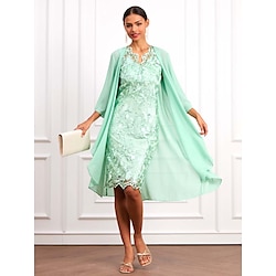 Women's Wedding Guest Cocktail Dress Set Chiffon Lace V Neck 3/4 Length Sleeve Mini Dress Party Elegant Formal Light Green Summer Spring