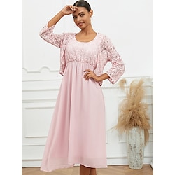 Women's Wedding Guest Cocktail Dress Set Midi Dress Chiffon Lace Ruched Party Elegant Formal Crew Neck 3/4 Length Sleeve Pink Color