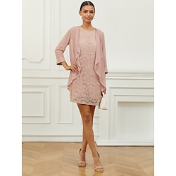 Women's Wedding Guest Cocktail Dress Set Mini Dress Chiffon Lace Ruffle Party Elegant Formal Crew Neck 3/4 Length Sleeve Pink Color