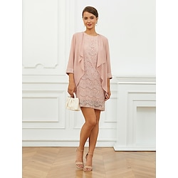 Women's Wedding Guest Cocktail Dress Shift Mini Dress Chiffon Lace Party Elegant Formal Crew Neck 3/4 Length Sleeve Pink Color