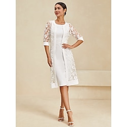 Women's White Dress Lace Crew Neck Half Sleeve Midi Dress Party Formal White Summer