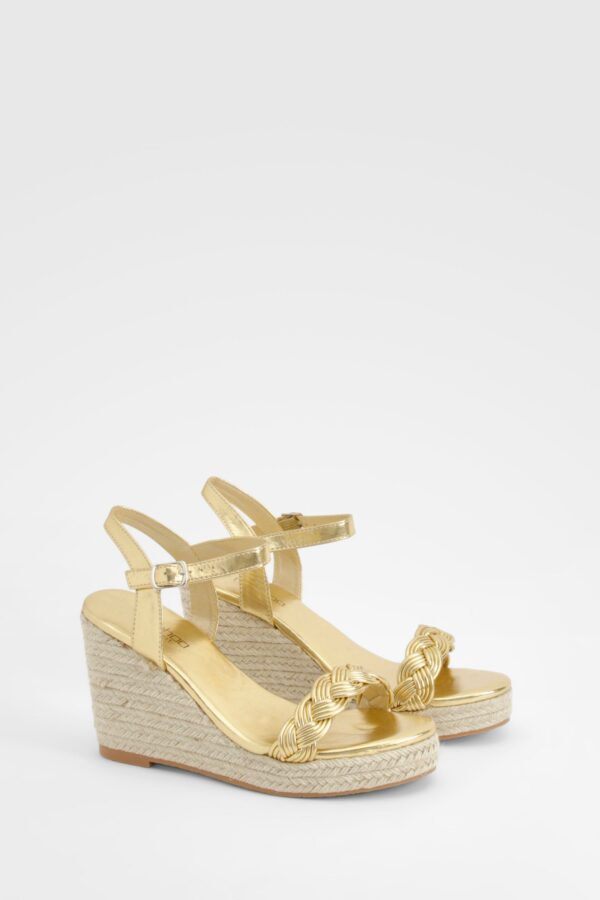 Womens Wide Fit Plait Strap 2 Part Wedges - Gold - 3, Gold