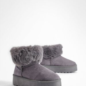 Womens Wide Fit Platform Fur Trim Mini Cosy Boots - Grey - 5, Grey