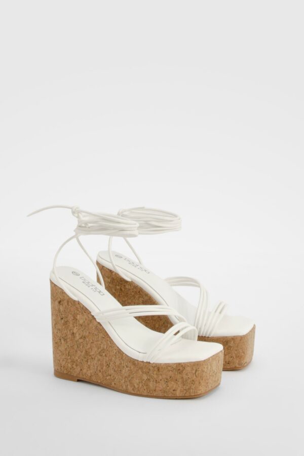 Womens Wide Fit Strappy Lace Up Cork Wedges - White - 3, White