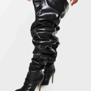 Women's Wide Slouch Pleated Boots Thigh High Heel Boots in Black Bright Leather