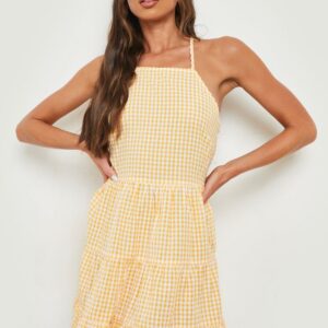 Womens Woven Crinkle Gingham Strappy Smock Dress - Orange - 14, Orange