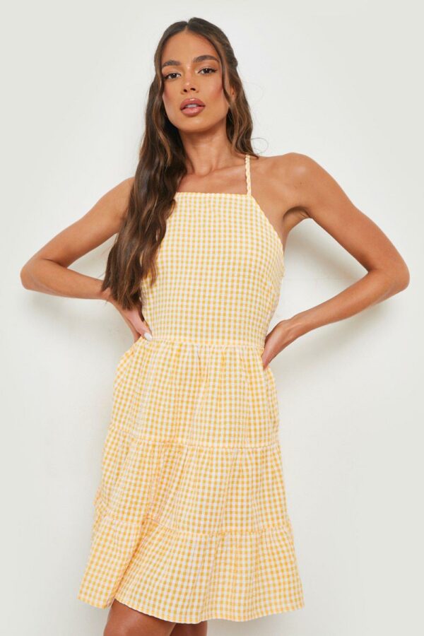 Womens Woven Crinkle Gingham Strappy Smock Dress - Orange - 14, Orange