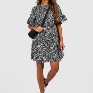 Womens Woven Dalmatian Print Smock Dress - Black - 10, Black