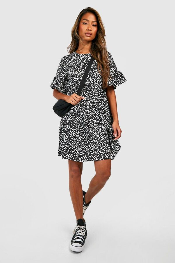 Womens Woven Dalmatian Print Smock Dress - Black - 10, Black