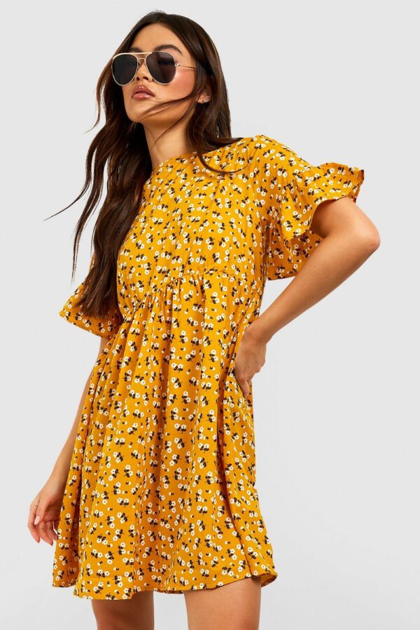 Womens Woven Ditsy Floral Smock Dress - Yellow - 8, Yellow