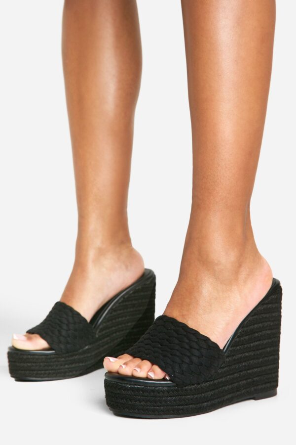 Womens Woven Front Mule Wedges - Black - 4, Black