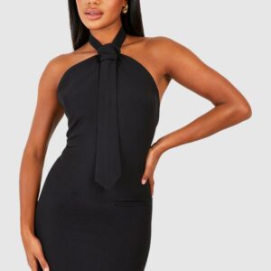 Womens Woven Halterneck Tie Detail Mini Dress - Black - 6, Black