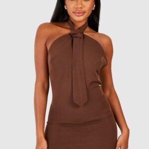 Womens Woven Halterneck Tie Detail Mini Dress - Brown - 6, Brown