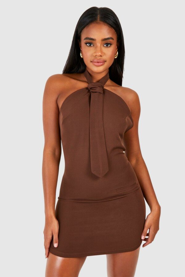 Womens Woven Halterneck Tie Detail Mini Dress - Brown - 6, Brown