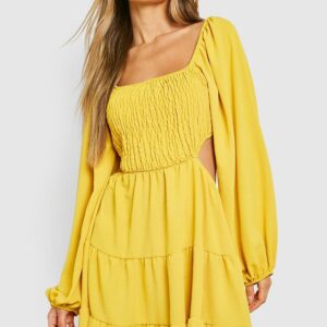 Womens Woven Long Sleeve Cut Out Smock Dress - Yellow - 10, Yellow