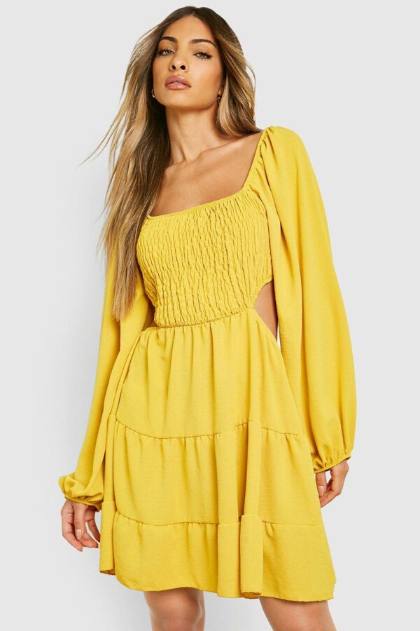 Womens Woven Long Sleeve Cut Out Smock Dress - Yellow - 10, Yellow