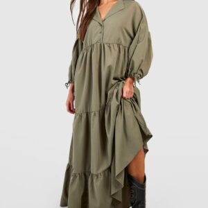 Womens Woven Tiered Blouson Sleeve Maxi Dress - Green - 8, Green