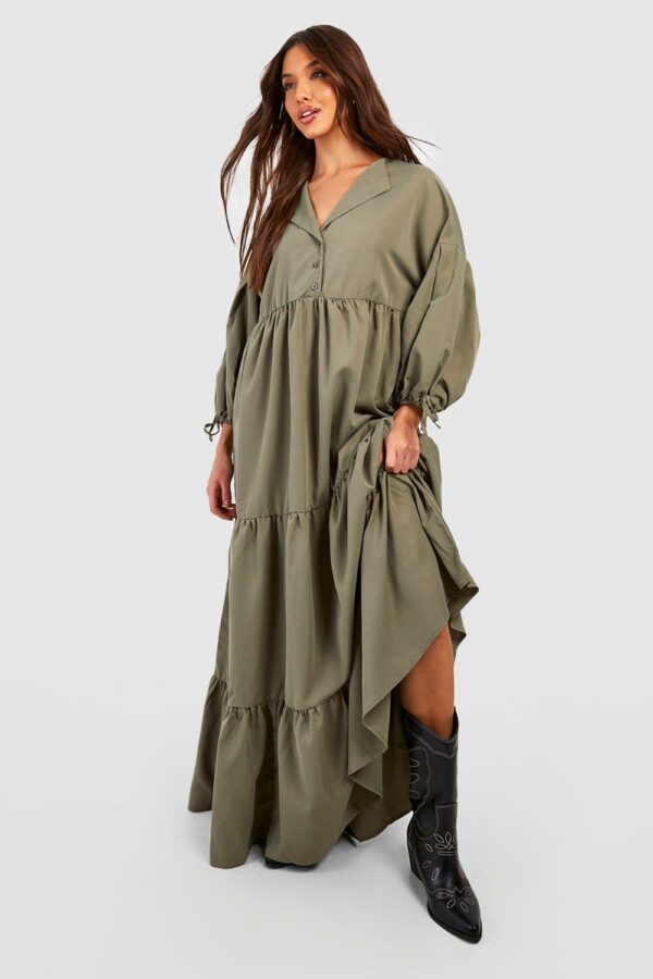 Womens Woven Tiered Blouson Sleeve Maxi Dress - Green - 8, Green