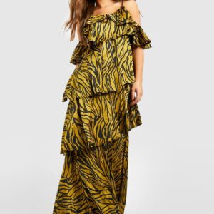 Womens Zebra Print Ruffle Tiered Maxi Dress - Green - 8, Green