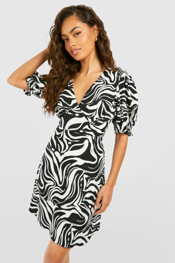 Womens Zebra Puff Sleeve Smock Dress - Black - 10, Black