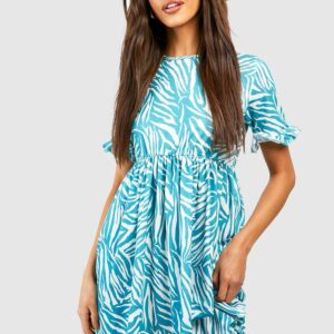 Womens Zebra Ruffle Sleeve Smock Dress - Green - 10, Green