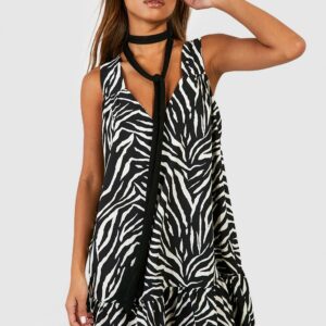 Womens Zebra Trapeze Mini Dress - Black - 8, Black