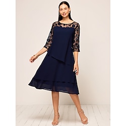 Women'sWedding Guest Cocktail Dress Chiffon Ruffle Party Elegant Formal Crew Neck Flared Sleeve Dark Blue Color