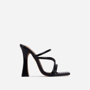 Wonder Strappy Detail Square Toe Flared Block Heel Mule In Black Croc Print Faux Leather, Black