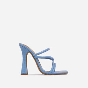 Wonder Strappy Detail Square Toe Flared Block Heel Mule In Blue Croc Print Faux Leather, Blue