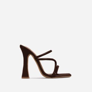 Wonder Strappy Detail Square Toe Flared Block Heel Mule In Dark Brown Croc Print Faux Leather, Brown