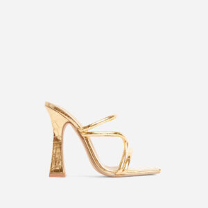 Wonder Strappy Detail Square Toe Flared Block Heel Mule In Gold Croc Print Faux Leather, Gold