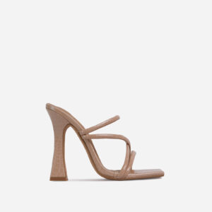 Wonder Strappy Detail Square Toe Flared Block Heel Mule In Nude Croc Print Faux Leather, Nude