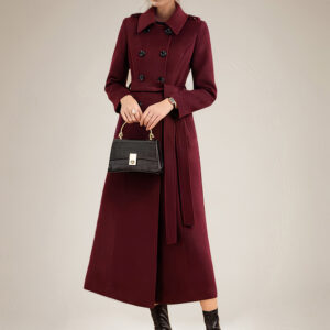 Wool Blend Outerwear Double Breasted Belted Long Coat For Winter