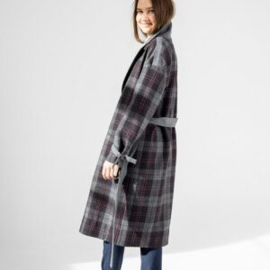 Wool Coat/Plaid Gray Trench Long Overcoat Fall Spring Outerwear Belted Wool