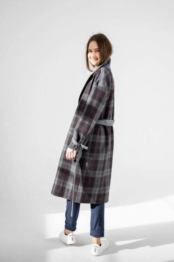 Wool Coat/Plaid Gray Trench Long Overcoat Fall Spring Outerwear Belted Wool