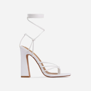 Wrap-Party Strappy Lace Up Square Toe Block Heel In White Faux Leather, White