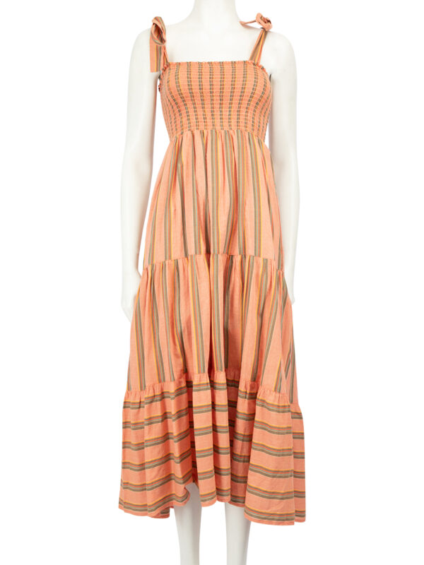 Xirena Orange Stripe Pattern Midi Tiered Dress