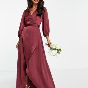 Y. A.S Bridesmaid satin wrap midi dress in burgundy-Red