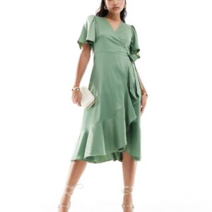 Y. A.S Bridesmaid satin wrap midi dress in green