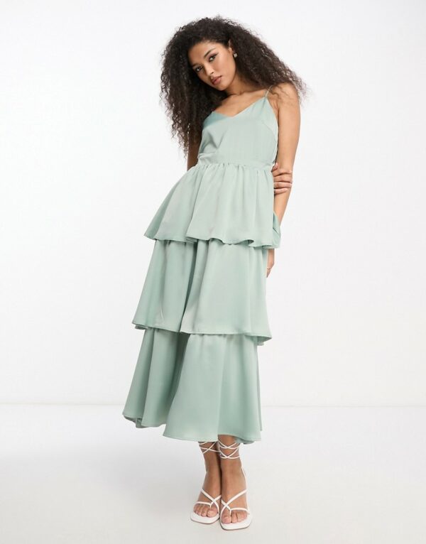 Y. A.S Bridesmaid tiered strappy midi dress in sage-Green