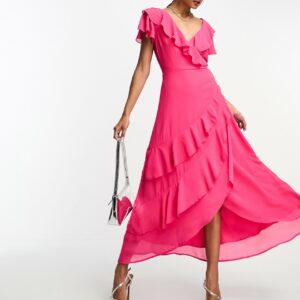 Y. A.S Bridesmaid wrap frill detail maxi dress in vibrant pink