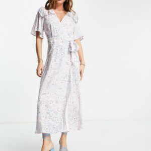 Y. A.S frill detail wrap midi dress in pink & blue print-Multi