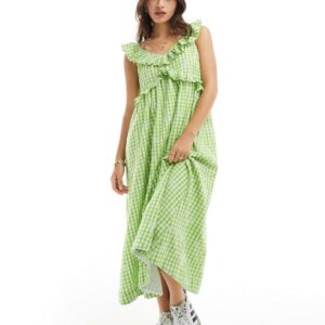 Y. A.S frill midi sundress with smock back in embroidered green gingham check-Multi